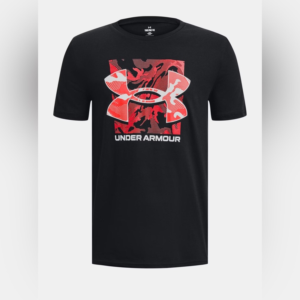 Under Armour UA Box Logo Camo Black And Red Short Sleeve T Shirt Boys Size YMD